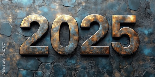 2025 Rusty Metal Numbers on Textured Wall Modern Decorative Art Design for New Year Celebration Branding Impactful Artwork with Metallic Finish Texturing Highlights Copper and Blue Tones photo