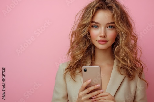 Asian business woman in beige blazer holding smartphone mockup with ok gesture on pink background