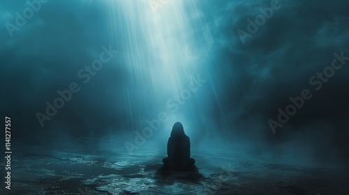 A lone figure meditates under a beam of light in a dark, atmospheric setting, creating a sense of mystery and spiritual contemplation.