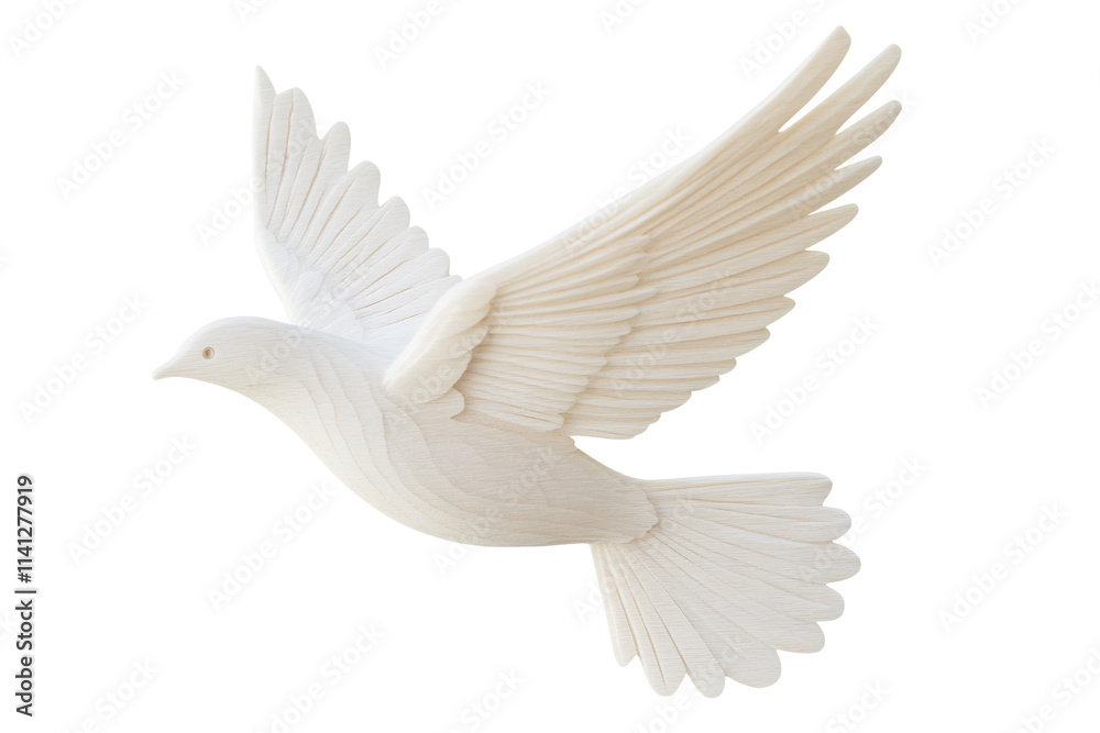 Elegant White Dove in Flight Against White Background Elegant White Dove in Flight Against White Background