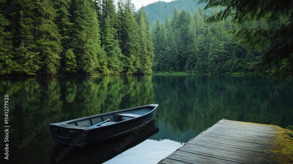 Serene Lake Scene with a Black Boat Resting on a Dock Surrounded by Lush Green Forest and Tranquil Water Reflections in a Peaceful Environment Serene Lake Scene with a Black Boat Resting on a Dock Surrounded by Lush Green Forest and Tranquil Water Reflections in a Peaceful Environment