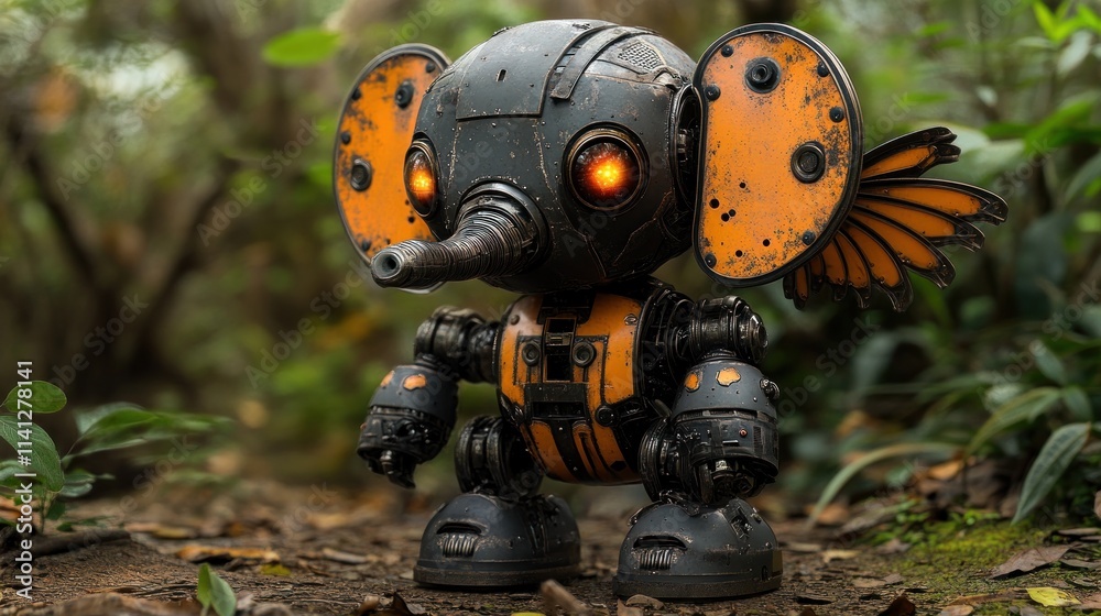 A whimsical robotic elephant with glowing eyes and mechanical features in a lush environment.
