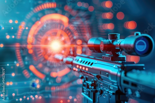 A futuristic rifle with a scope, set against a vibrant digital backdrop featuring glowing red and blue elements.