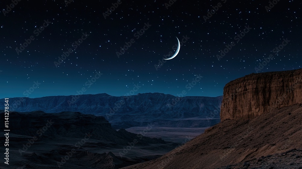 Naklejka premium Starry night sky over a desert mountain range with a crescent moon.