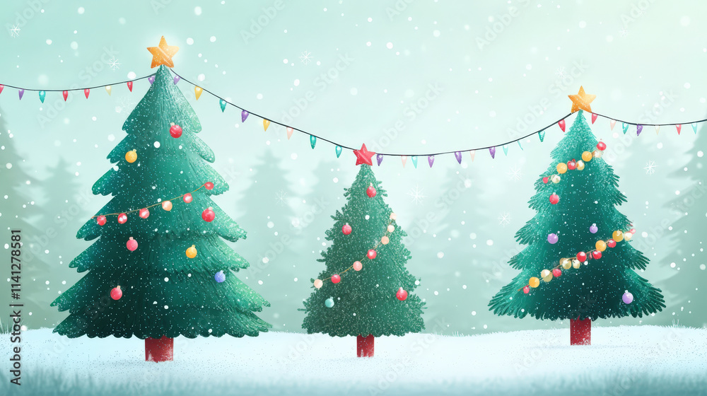 Obraz premium A Christmas tree on the snow, adorned with colorful lights and stars