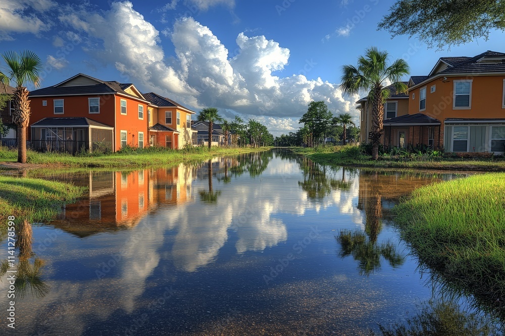 New homes in suburban Houston, Texas, with water reflections after hurricane, showcasing resilient architecture in flooded area. New homes in suburban Houston, Texas, with water reflections after hurricane, showcasing resilient architecture in flooded area.