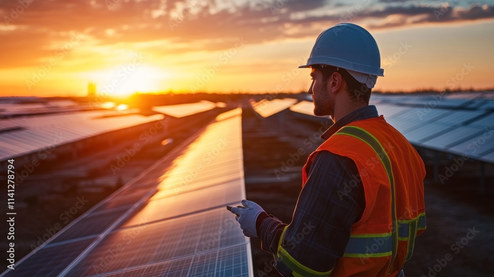 Obraz premium Solar Panel Inspector at Sunset