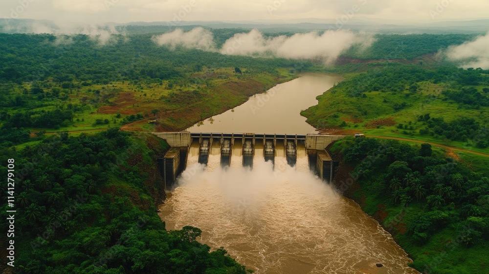 Aerial View of a Majestic Dam Surrounded by Lush Greenery and Misty Mountains, Showcasing the Harmony Between Nature and Infrastructure Aerial View of a Majestic Dam Surrounded by Lush Greenery and Misty Mountains, Showcasing the Harmony Between Nature and Infrastructure