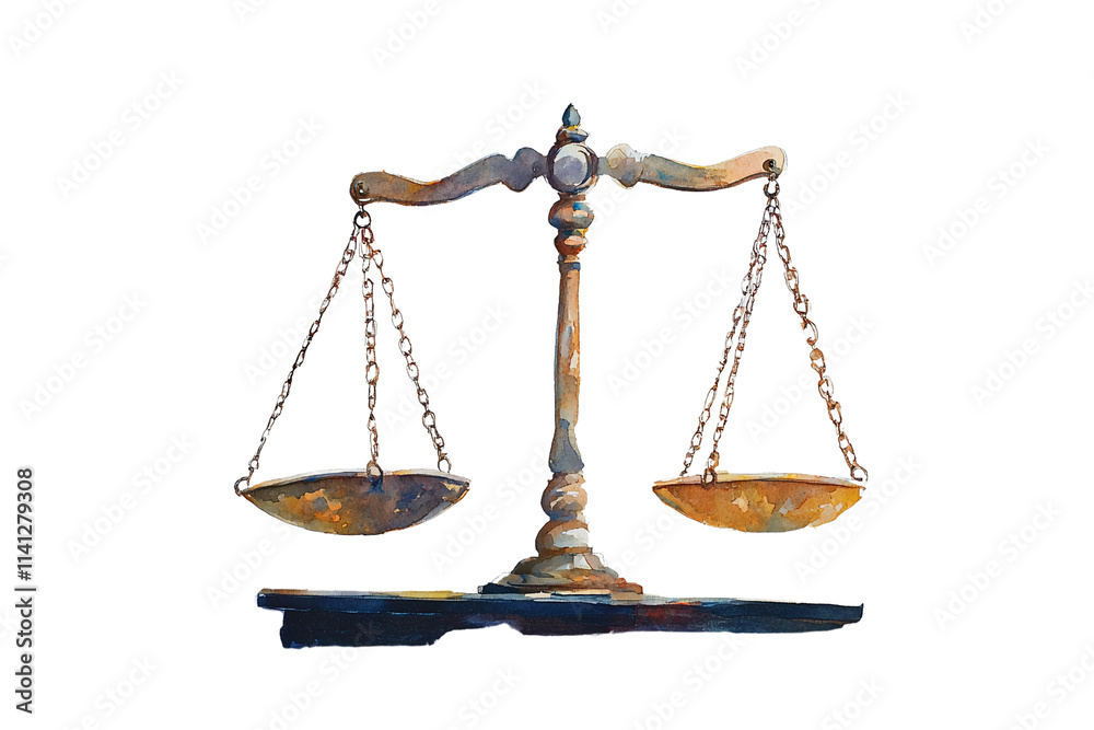 Watercolor Scales of Justice on White Background Watercolor Scales of Justice on White Background