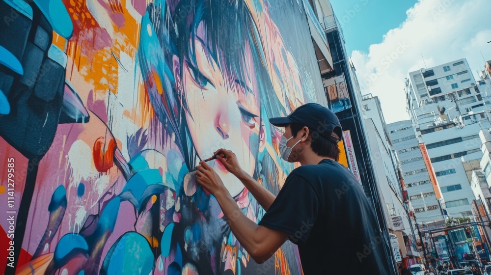 Fototapeta premium Artist paints vibrant mural on city building.