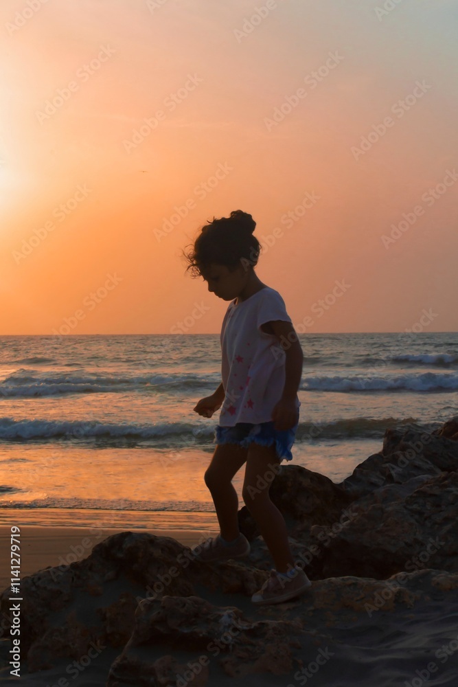 Fototapeta premium Chica caminando por la orilla del mar 