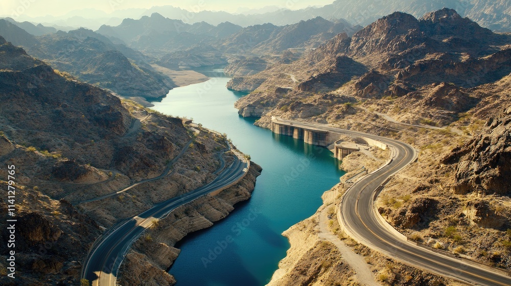 Fototapeta premium Serene Aerial View of Winding River Surrounded by Rocky Mountains in a Desert Landscape Under a Clear Blue Sky