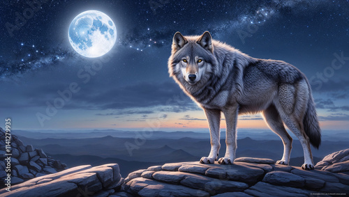 A majestic gray wolf stands atop a rocky outcropping, its piercing yellow eyes fixed intently on the full moon suspended in the vast, star-studded night sky photo