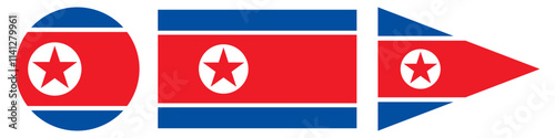 Set of North Korea flag icons in different shapes – circular, rectangular, and triangular pennant style, with red, blue, and white colors and the central red star emblem