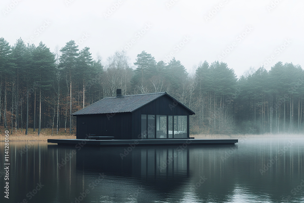 A black cabin on the water, surrounded by trees and a misty lake, with a modern architectural style, minimalism, calmness, simplicity, glass windows, and wooden planks floating in front of it. A black cabin on the water, surrounded by trees and a misty lake, with a modern architectural style, minimalism, calmness, simplicity, glass windows, and wooden planks floating in front of it.