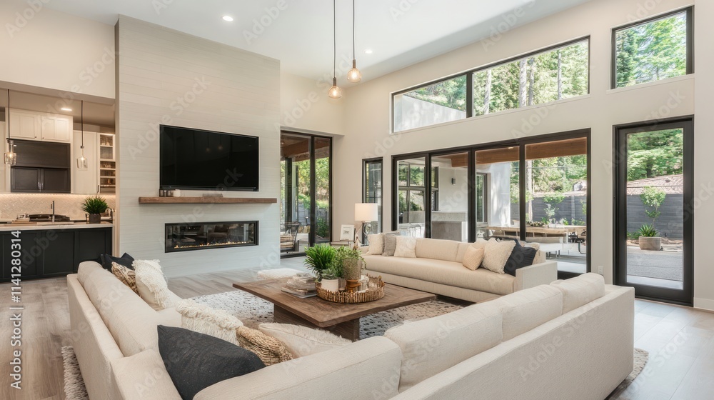 Fototapeta premium Modern living room with large windows, fireplace, and sectional sofa.