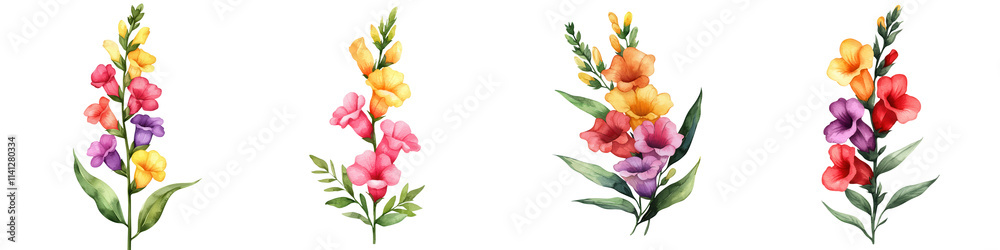 Naklejka premium Colorful snapdragon flowers with tall spikes and lush green leaves, isolated on transparent background.