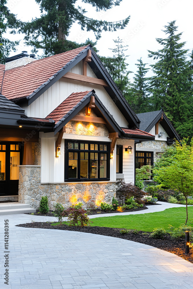 an exquisite craftsman-style home in British Columbia, Canada, with stone accents and wooden beams on the roof. The house has large windows showcasing black trim and is surrounded by lush greenery. an exquisite craftsman-style home in British Columbia, Canada, with stone accents and wooden beams on the roof. The house has large windows showcasing black trim and is surrounded by lush greenery.