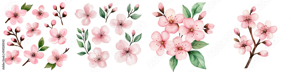 Naklejka premium Soft pink cherry blossoms with delicate leaves create serene atmosphere, isolated on transparent background.