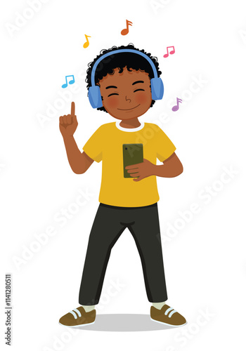 Cute little African boy listen to music with headphone 