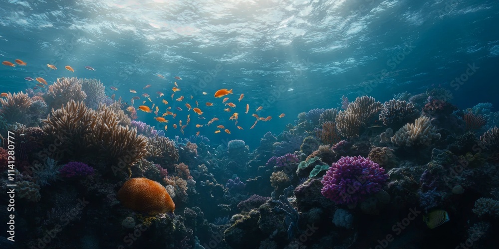 Naklejka premium Vibrant Coral Reef Ecosystem with Schooling Fish and Sunlight