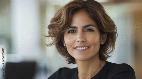 A close-up headshot of a stunning, prosperous young Hispanic businesswoman who exudes confidence in front of the camera. Standing at her office is a smiling middle-aged Latina.