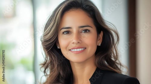 A close-up headshot of a stunning, prosperous young Hispanic businesswoman who exudes confidence in front of the camera. Standing at her office is a smiling middle-aged Latina.