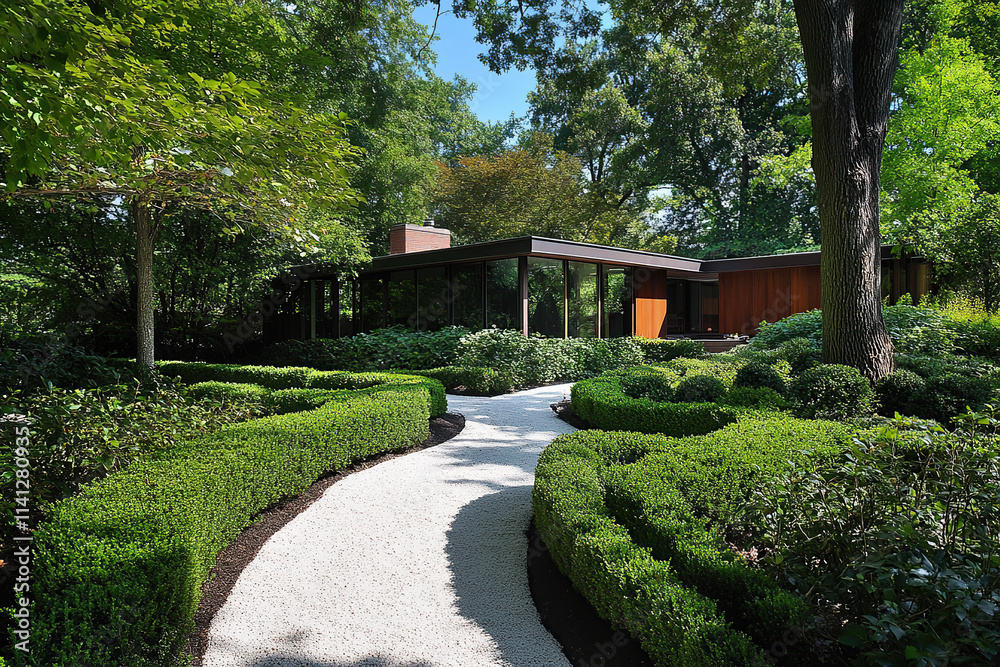 A mid-century modern garden with an organic, curving path leading to the house, surrounded by neatly trimmed hedges and lush greenery. The landscape includes a small water feature and trees. A mid-century modern garden with an organic, curving path leading to the house, surrounded by neatly trimmed hedges and lush greenery. The landscape includes a small water feature and trees.