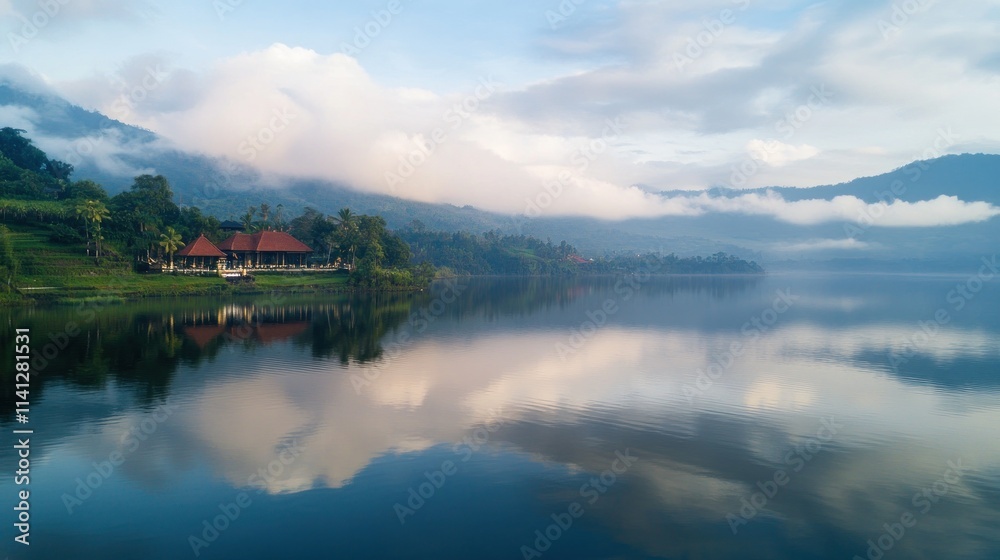 Serene Lakeside Pavilion Mountain Reflection Cloudscape Serene Lakeside Pavilion Mountain Reflection Cloudscape