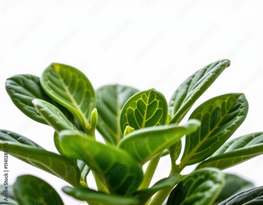 Fototapeta premium Lush green leaves unfurl from a sturdy stem, showcasing vibrant foliage in intricate detail