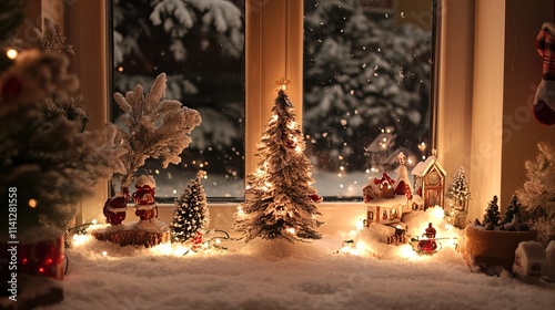 A cozy Christmas decoration including lights and a little tree on a snowy backdrop.