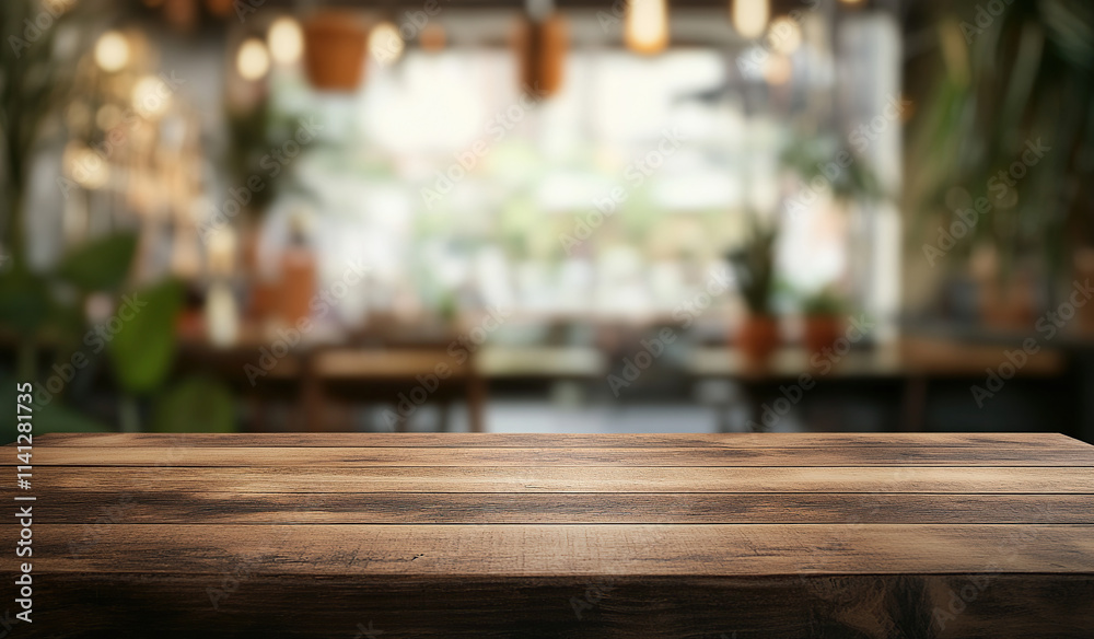 Empty wooden table top with a blurred background of a restaurant interior for product display and design key visual layout in a close-up view. Product for montage design. Empty wooden table top with a blurred background of a restaurant interior for product display and design key visual layout in a close-up view. Product for montage design.