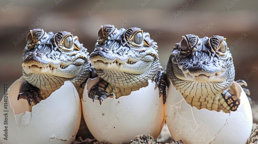 Three Baby Alligators Hatching from Eggs Three Baby Alligators Hatching from Eggs