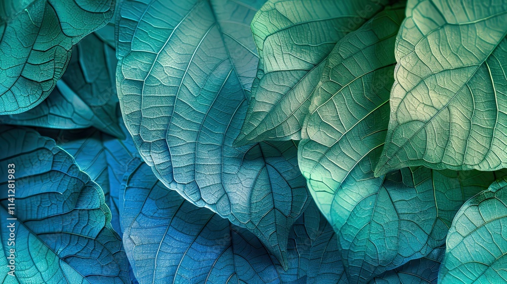 Fototapeta premium A close-up of layered leaves in varying shades of blue and green, creating a serene atmosphere.