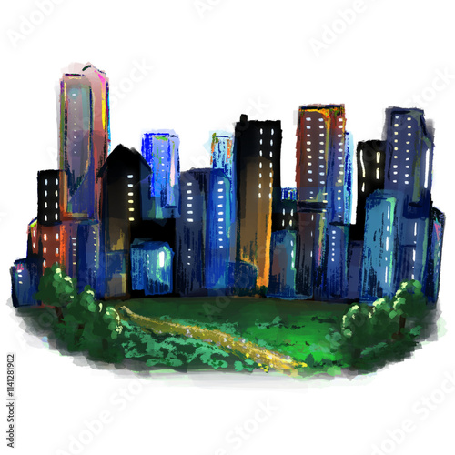 City buildings and grassland park illustration, textured realistic drawing, city at night cartoon photo