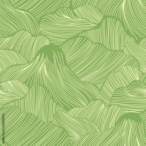 Abstract seamless pattern featuring a minimalist illustration of mountain ran...
