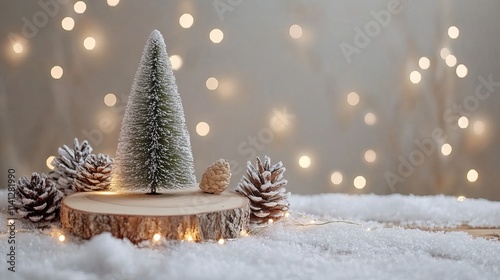 A cozy Christmas decoration including lights and a little tree on a snowy backdrop.