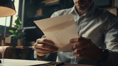 Close-up of a businessman sitting at a desk in an office, reading a letter or other communication. Male directors or employees are given postal notifications or papers at work. 