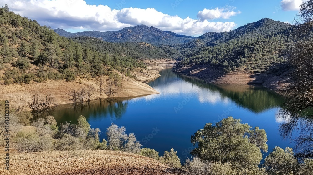Serene Landscape of a Tranquil Lake Surrounded by Lush Green Forests Under Bright Blue Skies and Dramatic Mountain Backdrop Serene Landscape of a Tranquil Lake Surrounded by Lush Green Forests Under Bright Blue Skies and Dramatic Mountain Backdrop