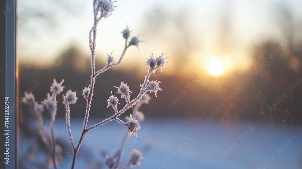 Frost-covered Plant Silhouetted Against a Warm Sunrise, Capturing the Beauty of Winter Light and Nature, Creating a Serene and Tranquil Atmosphere