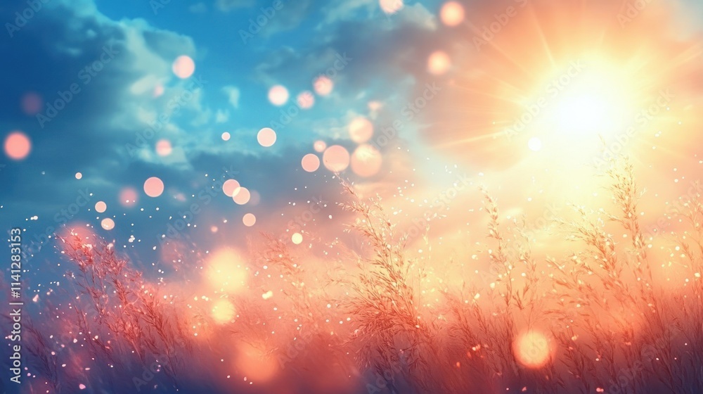 Naklejka premium Bright Sunlit Sky and Clouds in Dreamy Landscape with Soft Bokeh Effects