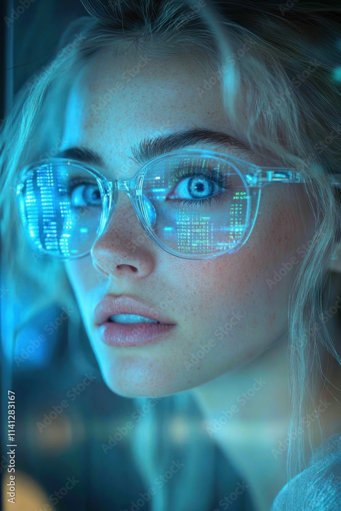 Futuristic Office Scene with Technology Financial Charts and Thoughtful Woman in Glasses Futuristic Office Scene with Technology Financial Charts and Thoughtful Woman in Glasses