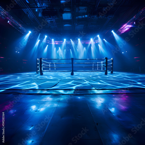 Pre-Fight Scene: The Calm Before the Storm - An Empty Boxing Ring with Vivid Illumination