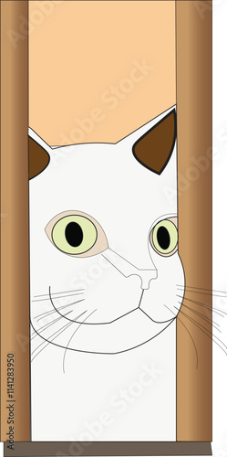 A creepy white cat is looking at something between the doors.