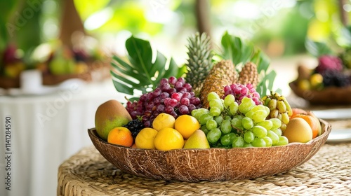 Vibrant Fruit Arrangement in Natural Coconut Bowl Surrounded by Lush Greenery for Tropical Events and Healthy Living Enhancements