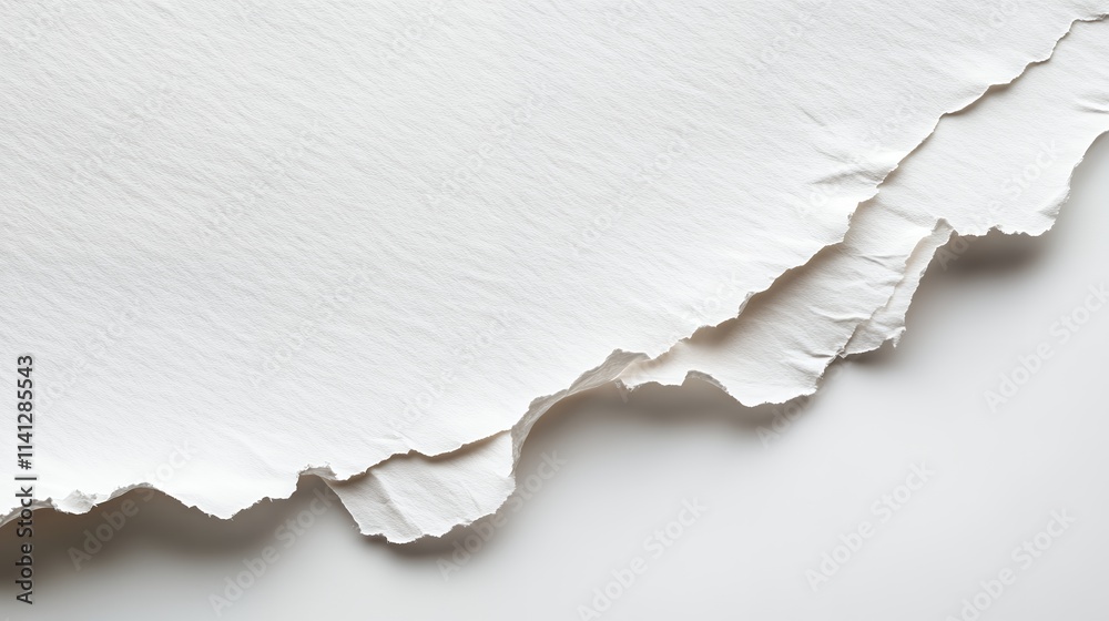 Close-up of textured ripped white paper edge on a blank background. Provides copy space ideal for design projects. Close-up of textured ripped white paper edge on a blank background. Provides copy space ideal for design projects.