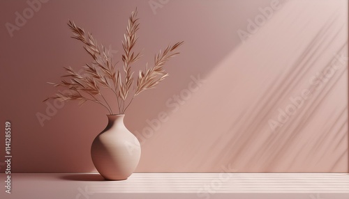 Minimalist interior decor with ceramic vase and dry plant against neutral pink wall  
