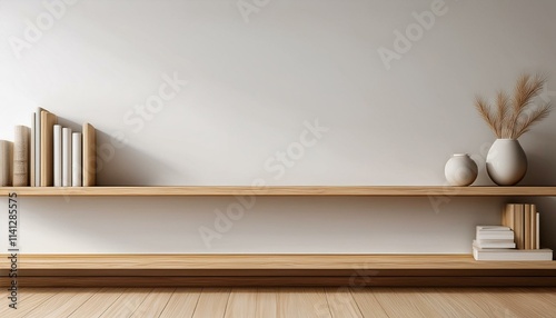 Empty wooden bookshelf in a minimalist virtual background with white walls
