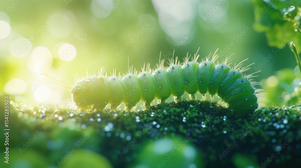 Naklejka premium Close-Up of a Green Caterpillar Crawling on Lush Green Moss with Morning Dew Glimmering in Natural Light, Highlighting Nature's Vibrant Beauty and Intricate Details