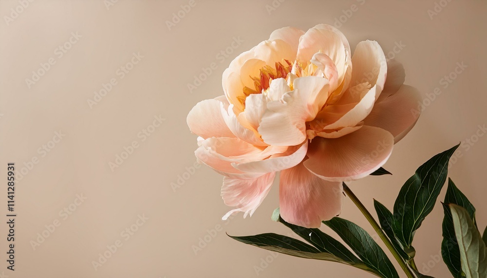 Obraz premium Soft pastel tones of a peachy peony flower on a neutral beige background 